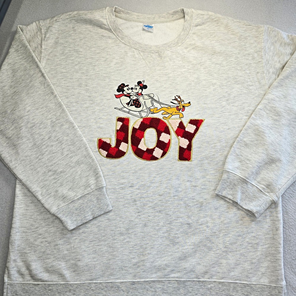 Disney Joy Oh Joy Christmas Sleigh Sweatshirt XXL Gray Plaid Mickey Minnie Crew.